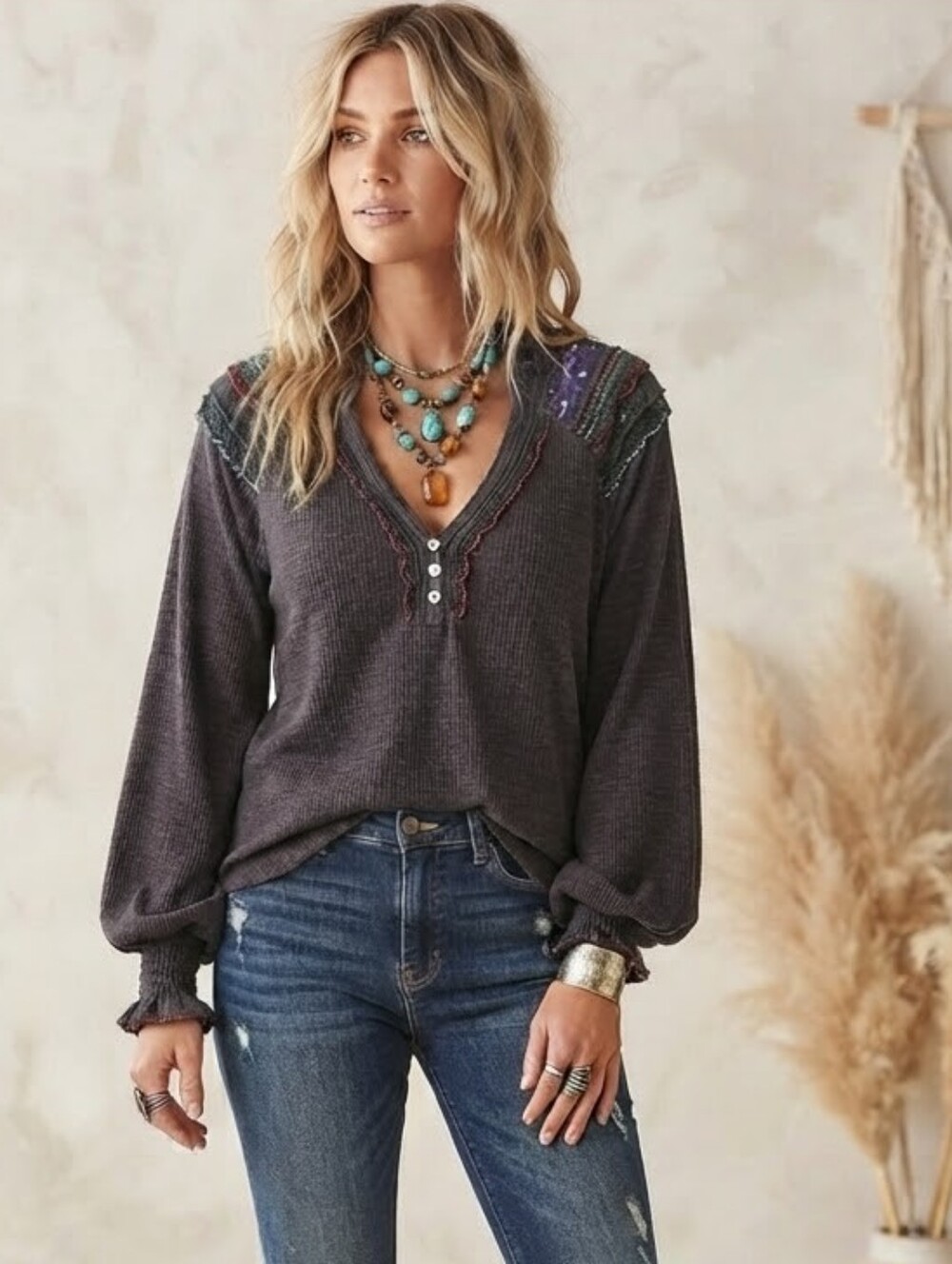 Free People Embroidered V-Neck Long Sleeve Top